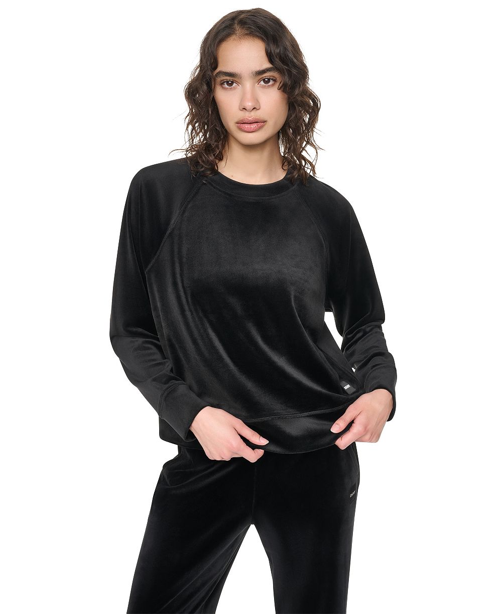 DKNY Sport Women's Velour Raglan Long-Sleeve Pullover Top with Metallic Logo Satin Patch