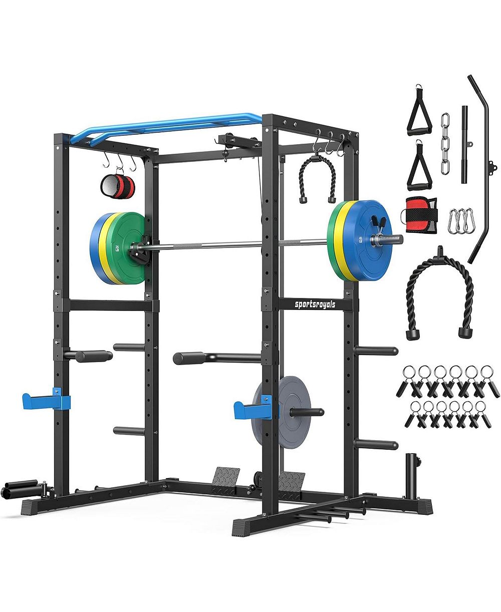 FED FITNESS Power Rack Cage with  Weight Plates and 7FT Olympic Barbell, All-in-One Home Gym Squat Rack Workout Station with Pulley System