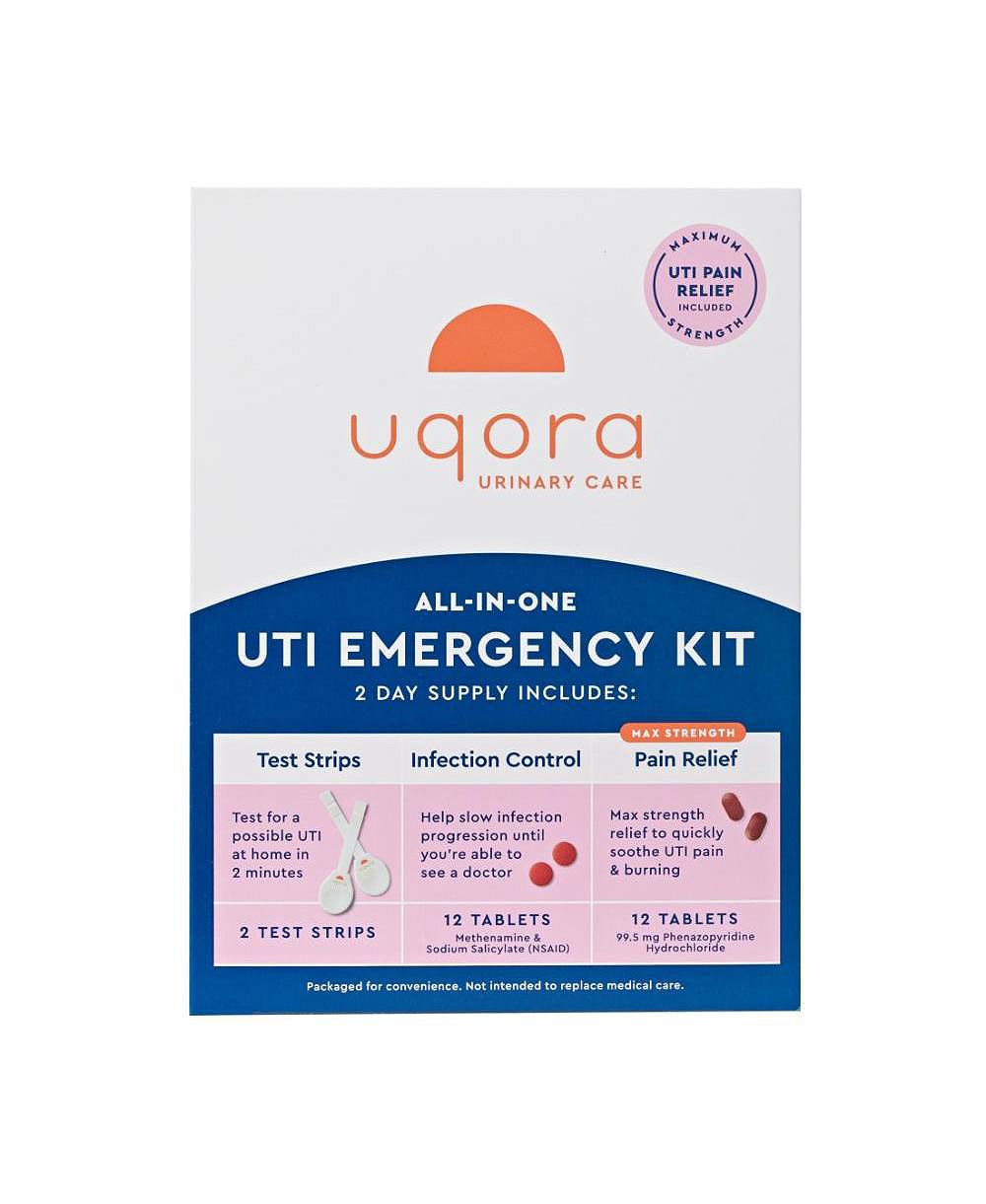 Uqora UTI Emergency Kit - 2 Urinary Tract Infection Test Strips, 12 UTI Pain Relief Tablets and 12 Infection Control Tablets - Urinary Tract Support
