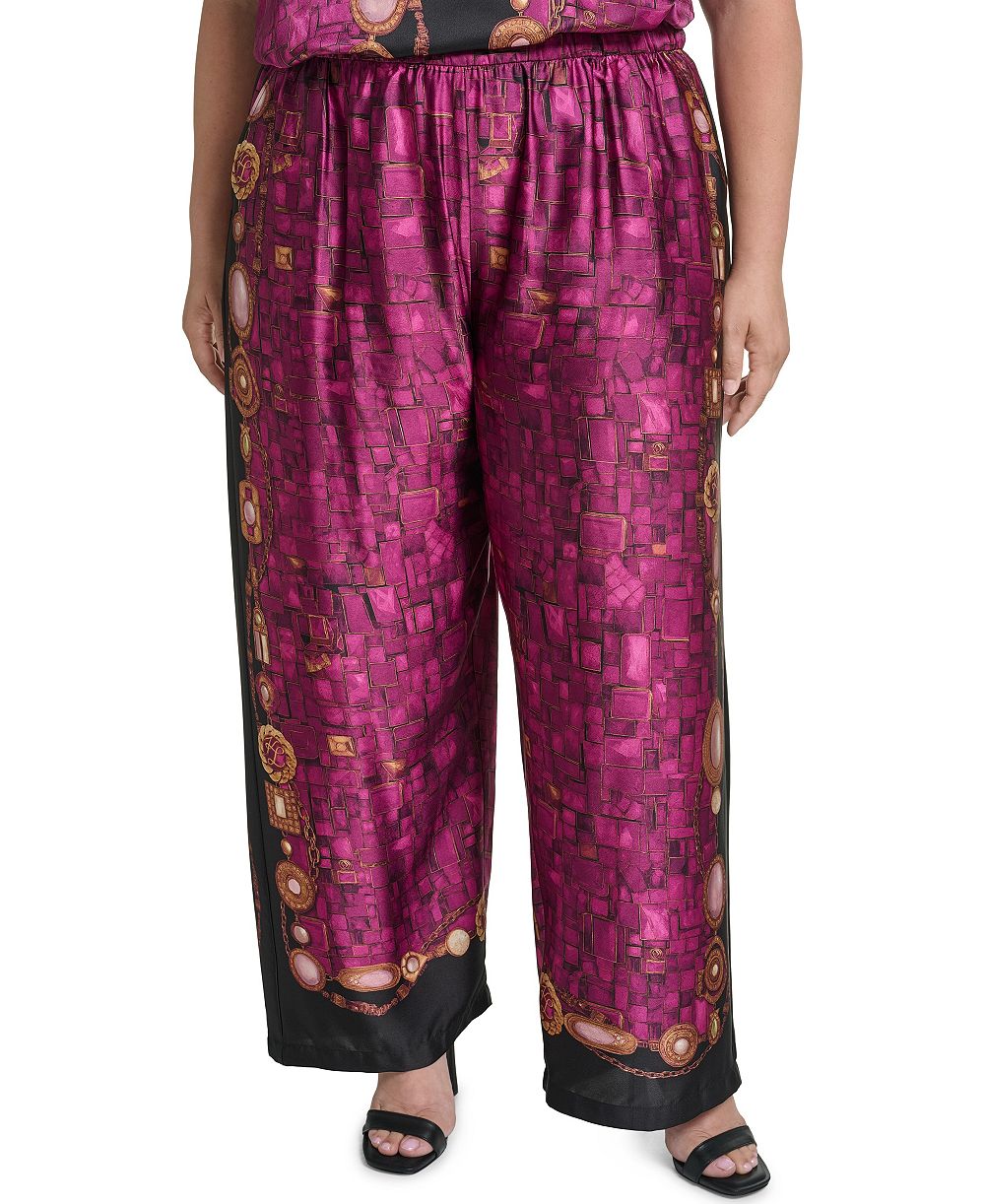 KARL LAGERFELD PARIS Plus Size Gemstone Pull-On Wide-Leg Satin Pants