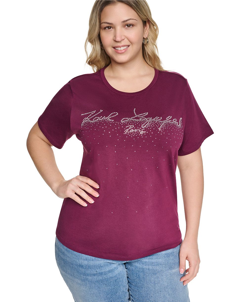 KARL LAGERFELD PARIS Plus Size Sparkle KLP Logo Short-Sleeve Cotton-Blend T-Shirt