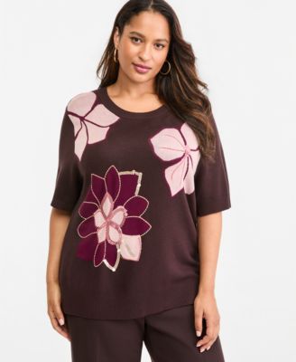 Женский свитер с коротким рукавом и цветочным принтом с пайетками Plus Size от KARL LAGERFELD PARIS