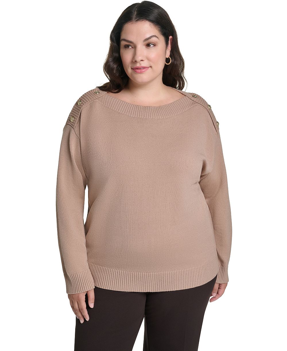KARL LAGERFELD PARIS Plus Size Boatneck Button Shoulder Overlay Sweater