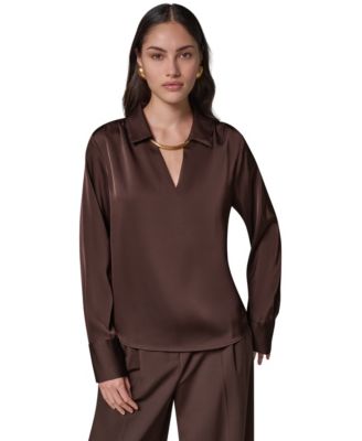 Женская блузка Donna Karan New York с длинным рукавом, сатиновая, с V-образным вырезом и воротником