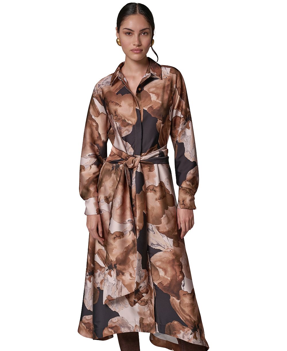 женское длинное платье-рубашка из сатина с длинным рукавом, Donna Karan New York