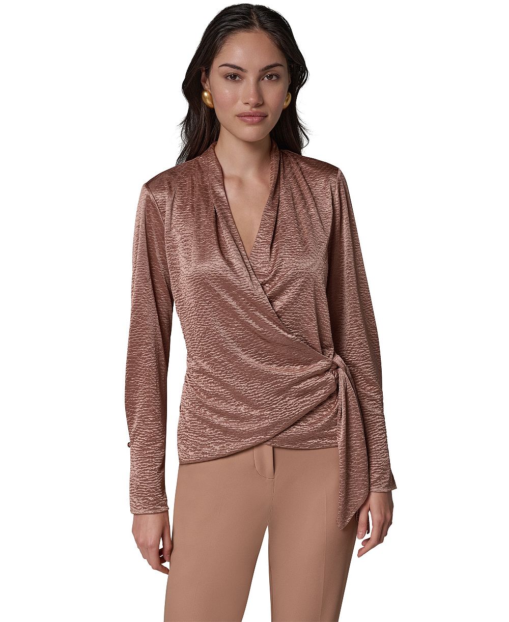 Женская блуза Donna Karan New York с длинным рукавом, складками и V-образным вырезом