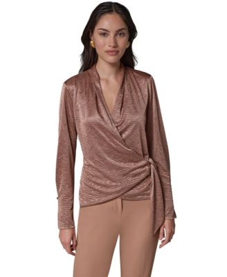 Женская блуза Donna Karan New York с длинным рукавом, складками и V-образным вырезом