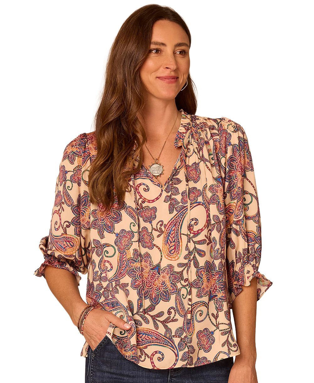 Democracy Petite Floral-Print Split Neck Peasant 3/4-Sleeve Blouse