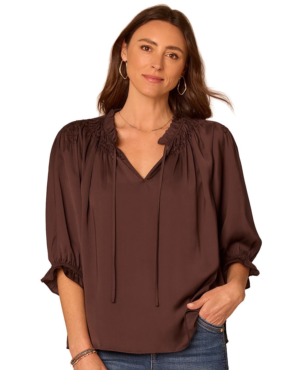 Democracy Petite 3/4-Sleeve Split-Neck Embroidered Blouse
