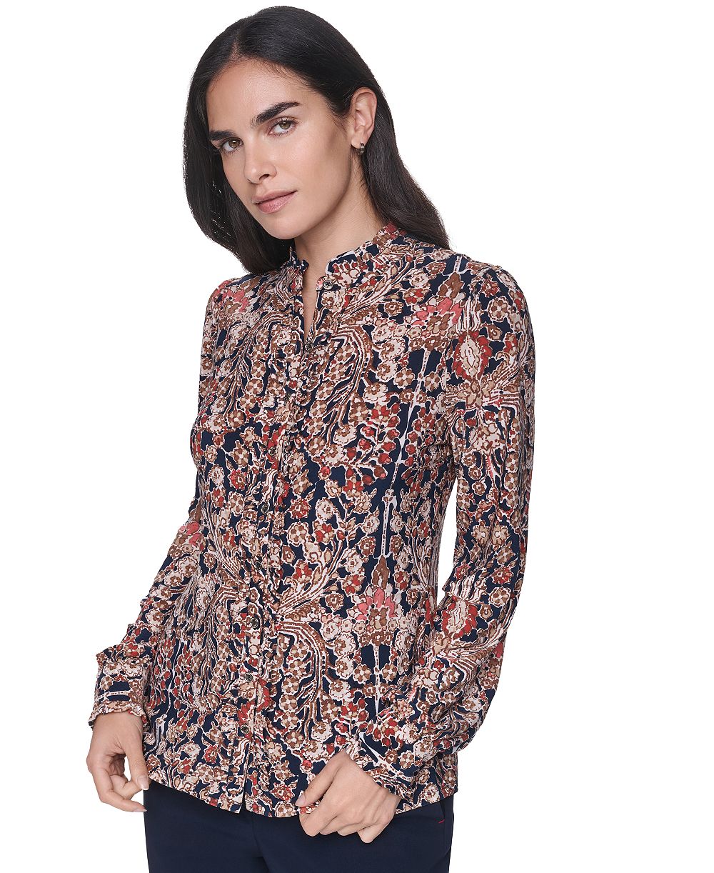 Tommy Hilfiger Women's Long Sleeve Mock Neck Button Front Blouse