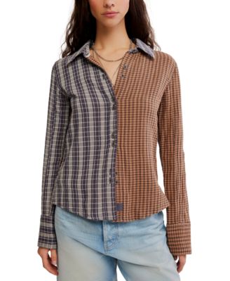 Free People Women's Benny Slim Plaid Paint-Splatter Long-Sleeve Blouse