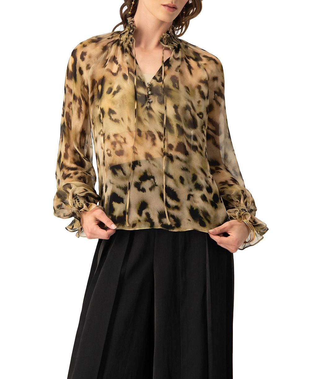 Ivonne Женская блузка Sheer Chiffon Tie-Neck Abstract Animal Print