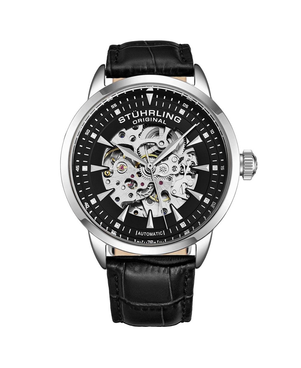 Мужские автоматические скелетоны часы Stuhrling Leather Strap 44mm