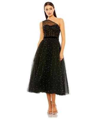 Mac Duggal Женское вечернее платье миди с жемчугом и открытым плечом