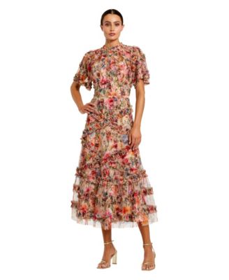 Mac Duggal Women's Floral Flutter Sleeve Mesh Print Dress