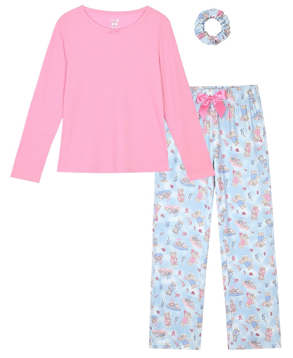 Max & Olivia Girls' 7-16 Rib Top, Milky Print Pants and Matching Scrunchie Pajama, 3-Piece Set