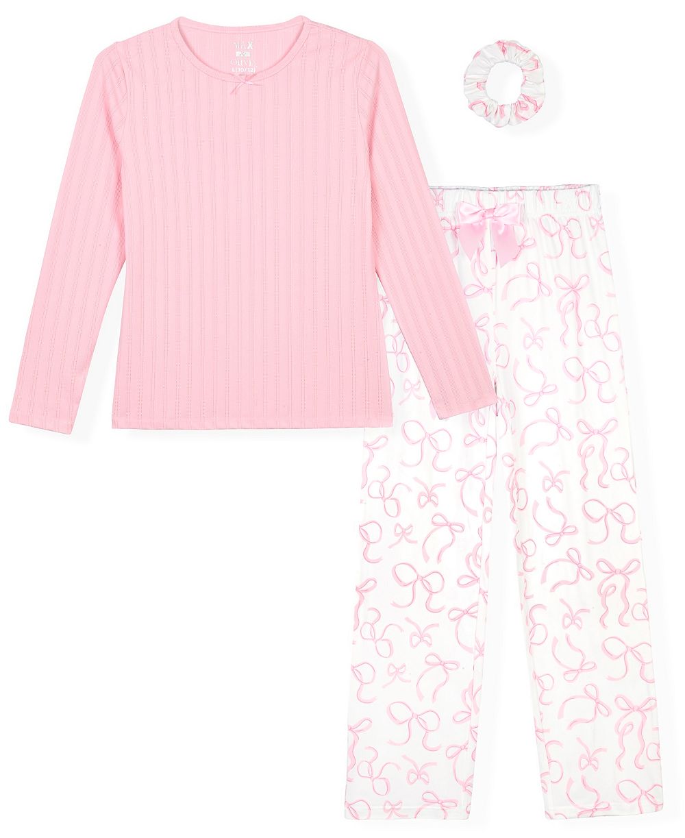 Max & Olivia Girls' 7-16 Rib Top, Milky Print Pants and Matching Scrunchie Pajama, 3-Piece Set