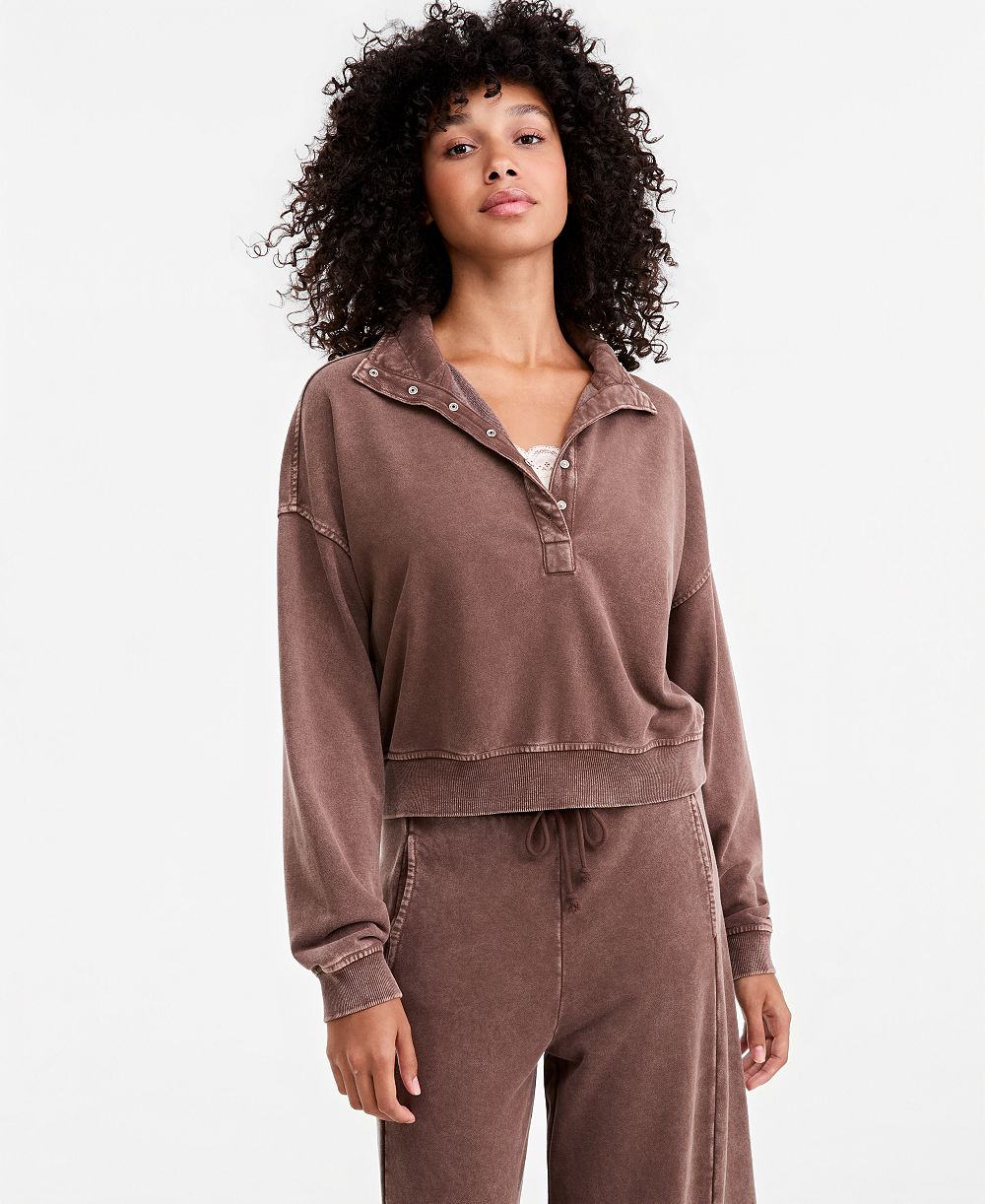 And Now This Petite Snap Henley French Terry Mock Neck Sweatshirt, Macy's Exclusive