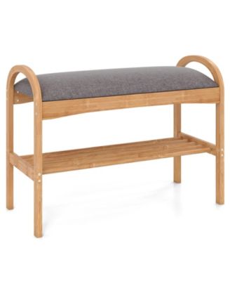 Slickblue Wicker Shoe Bench with Cushion Seat and 2-Level Storage Shelf for Entryway