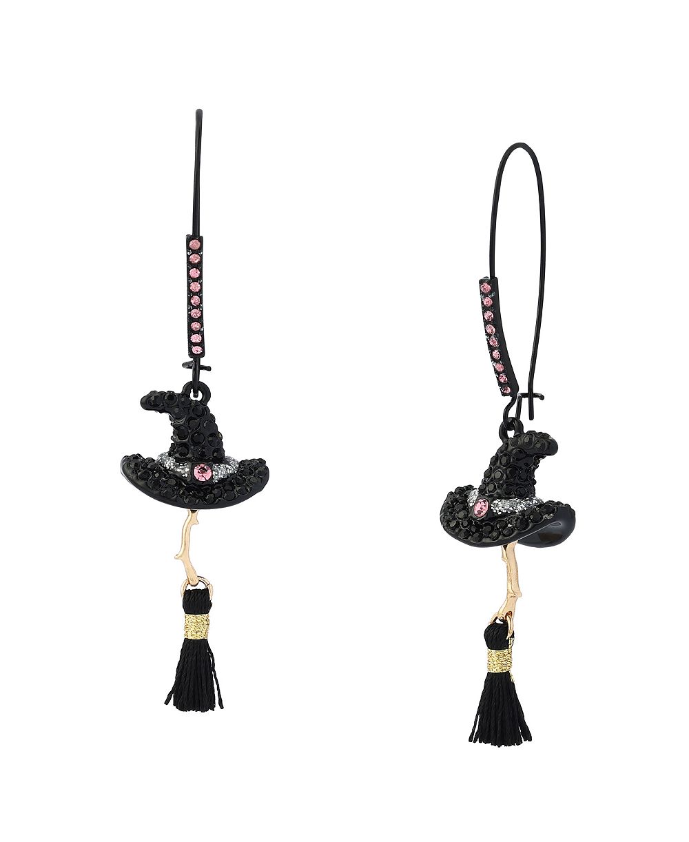 Betsey Johnson Faux-Stone Pretty Spooky Witchy Hat Broomstick Dangle Earrings