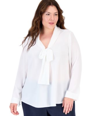 Tahari Plus Size Sailor Tie Long-Sleeve Blouse