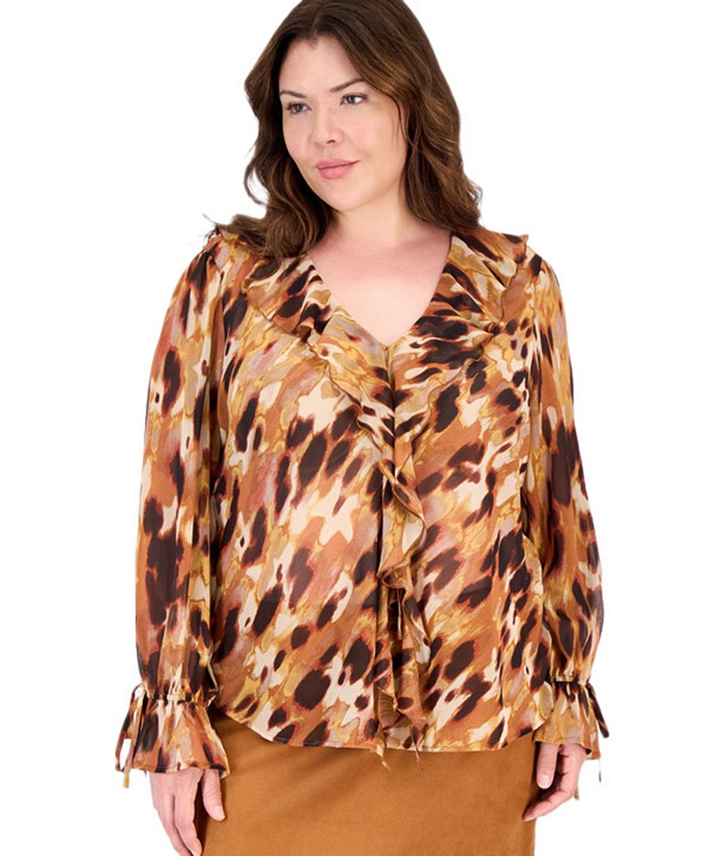 Tahari Plus Size V-Neck Long-Sleeve Ruffle Blouse