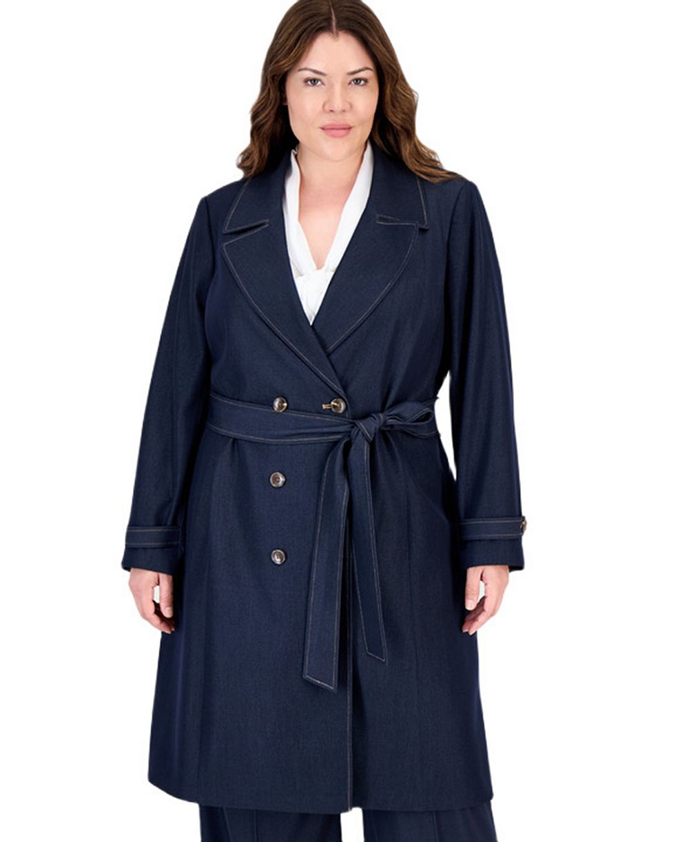 Tahari Plus Size Denim Double-Breasted Long Trench