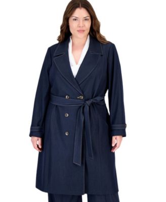 Tahari Plus Size Denim Double-Breasted Long Trench