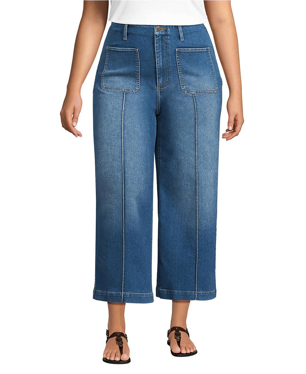 Lands' End Women's Denim High Rise Patch Pocket Extra Wide Leg Crop Jeans