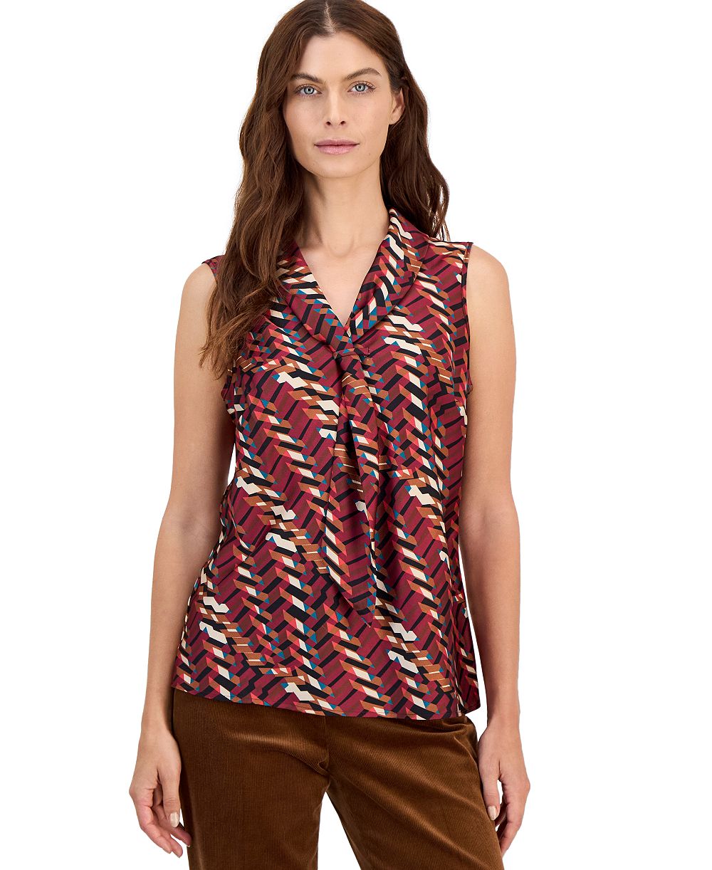 Tahari Plus Size Sailor Tie Sleeveless Geometric-Print Blouse