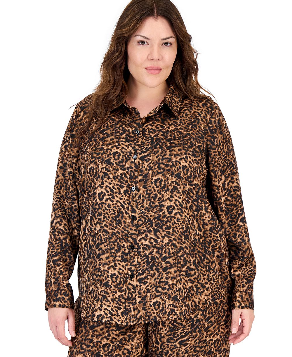 Tahari Plus Size Long-Sleeve Leopard-Print Blouse
