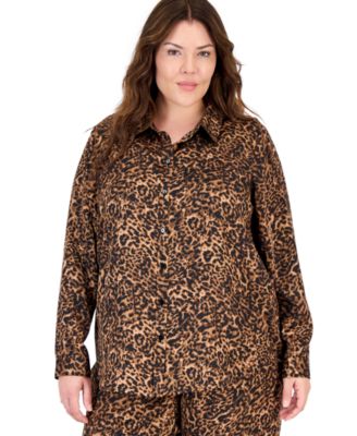 Tahari Plus Size Long-Sleeve Leopard-Print Blouse