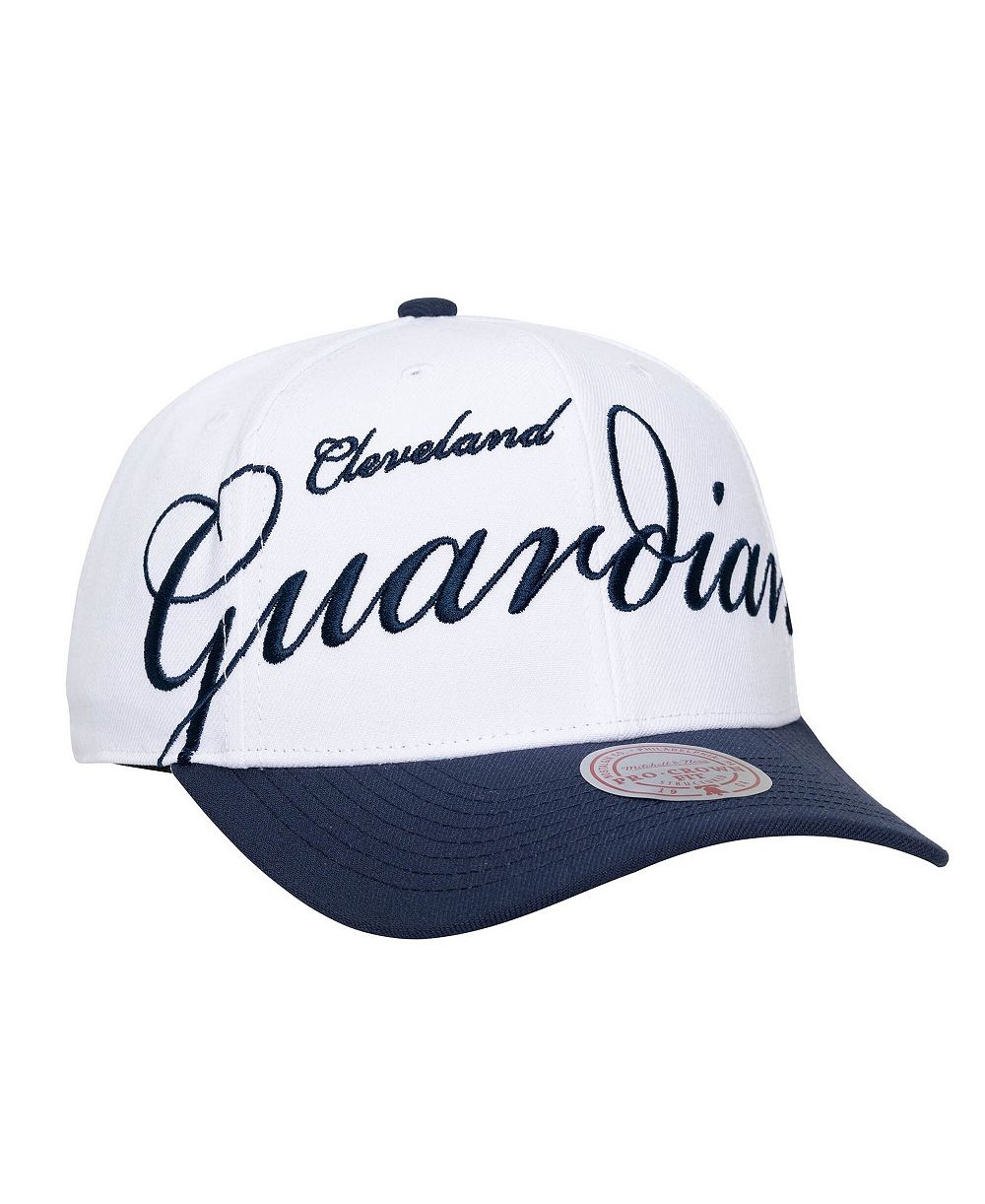 Мужская и женская регулируемая кепка Mitchell & Ness White/Navy Cleveland Guardians XL Script Pro Crown