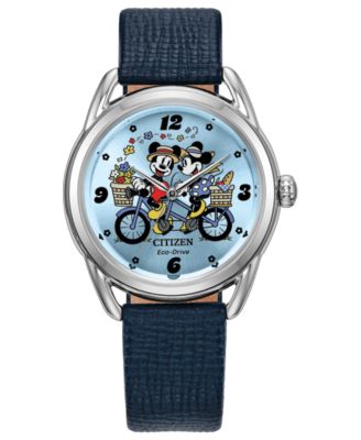 Citizen женские наручные часы с кожаным ремешком 36 мм, темно-синие, Mickey and Minnie in Tandem