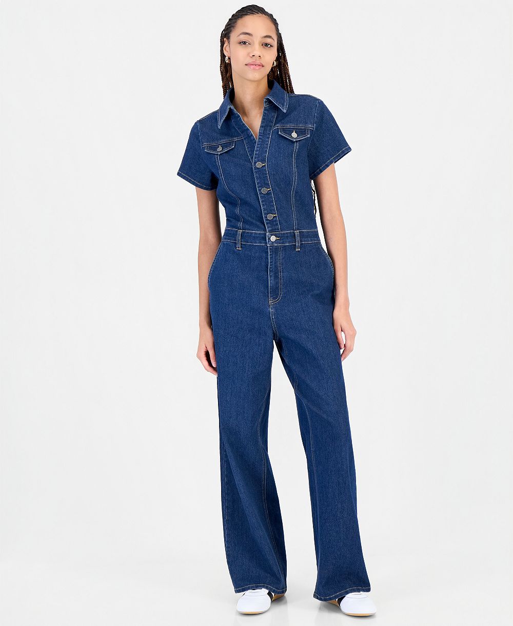 FVR DRM Juniors' Cotton Blend Denim Wide-Leg Boiler Suit