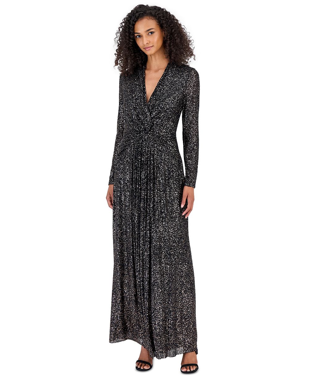 Anne Klein Women's Twist Front V-Neck Plissé Maxi Dress