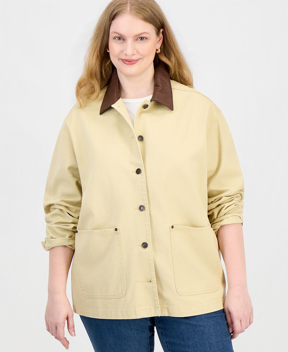 Madden Girl Plus Size Cropped Long-Sleeve Faux Leather Collar Barn Jacket