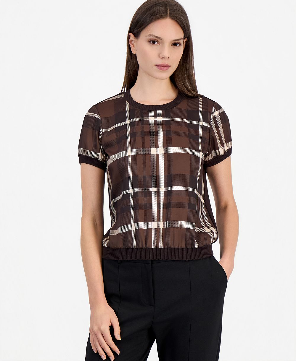 Tahari ASL Women's Crewneck Short-Sleeve Plaid-Print Sweater