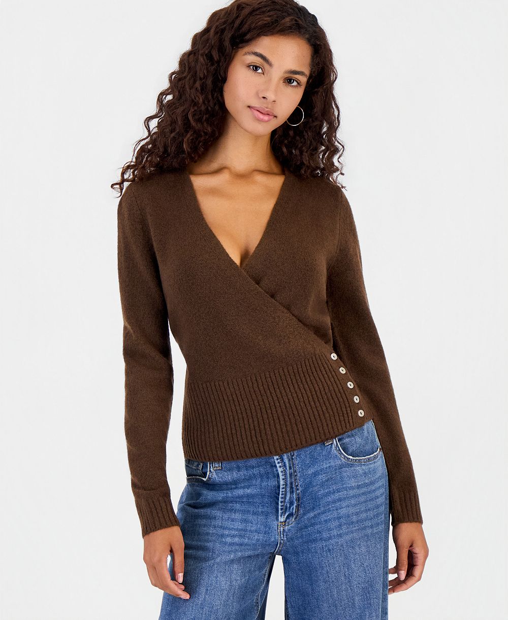 Hooked Up by IOT Juniors' Surplice Long-Sleeve V-Neck Wrap Sweater