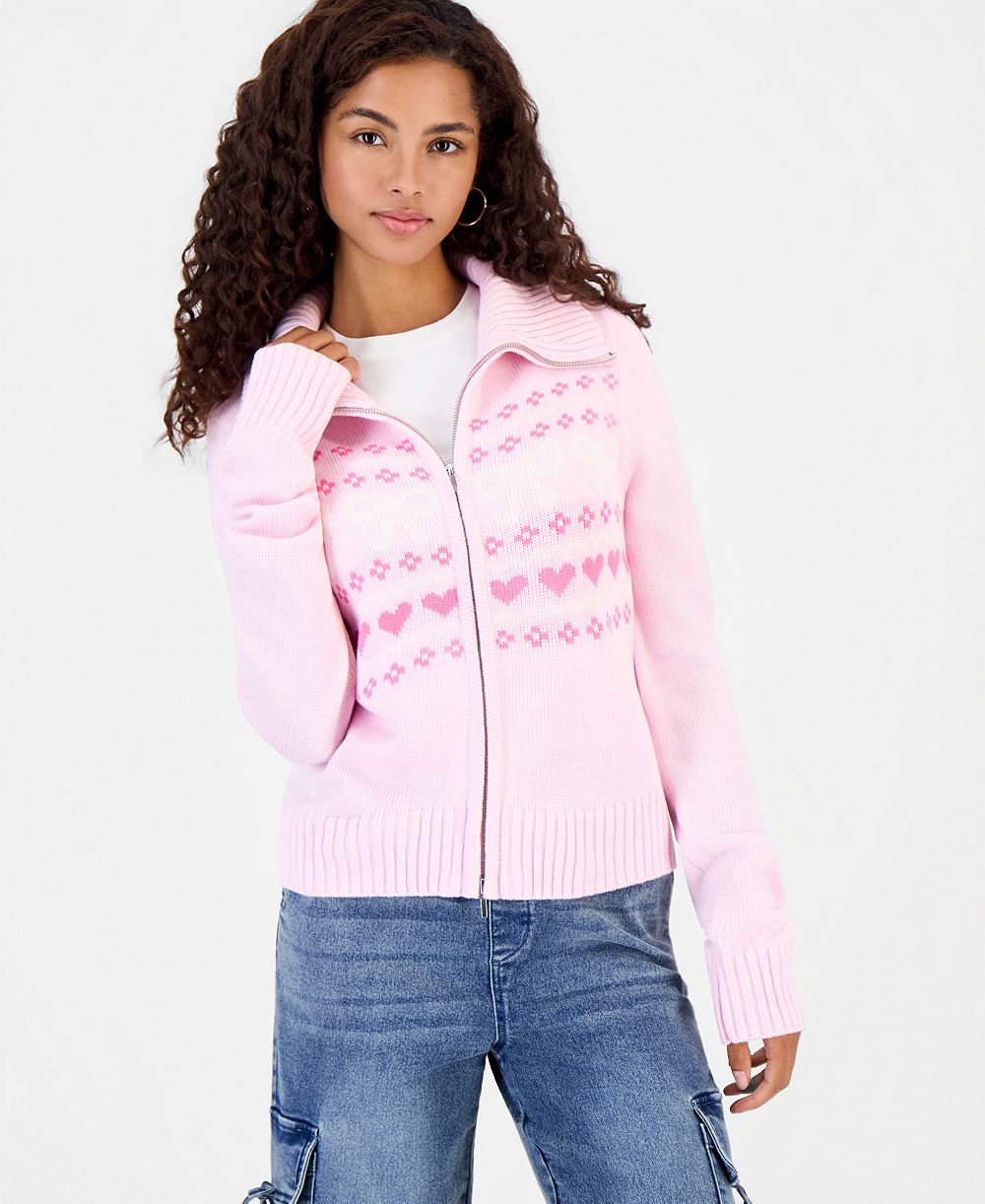 Hooked Up by IOT Juniors' Fair Isle Double Zip Cardigan