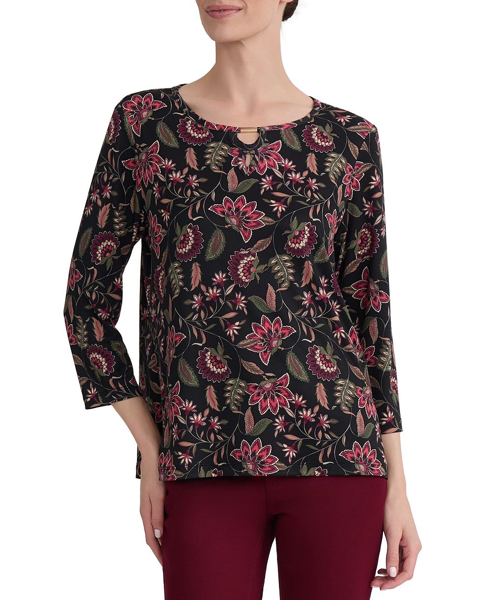 Jones New York Petite Keyhole 3/4-Sleeve Floral-Print Knit Blouse