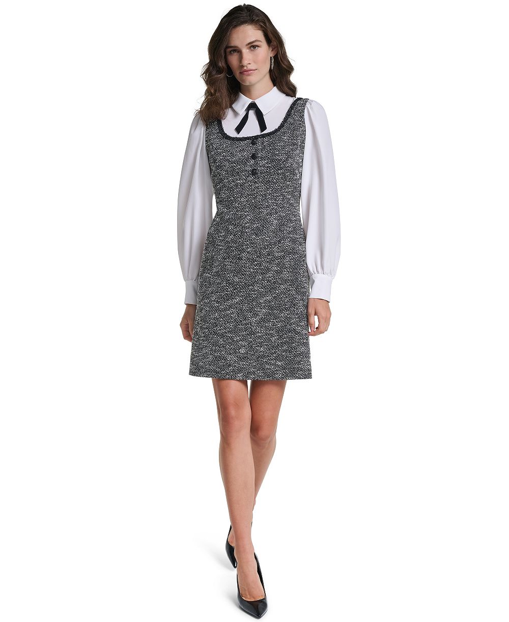 KARL LAGERFELD PARIS Women's Two-Tone Tweed Collared Long-Sleeve Shift Dress