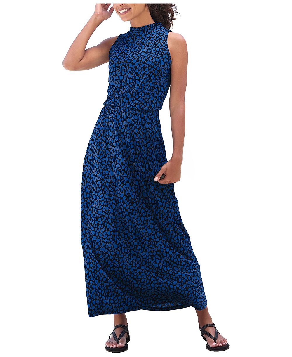 LASCANA Women's Viscose Printed High Neck Ruffle-Trim A-Line Maxi Dress
