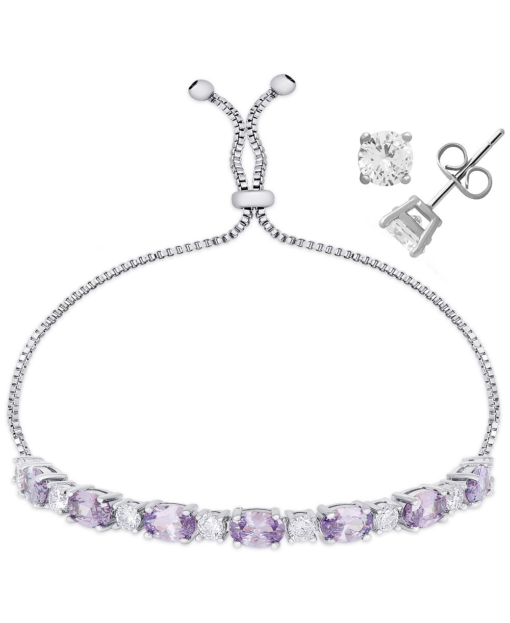 Macy's Oval Simulated Gemstone and Round Adjustable Tennis Bolo Bracelet with Stud Earrings 2-Piece Set