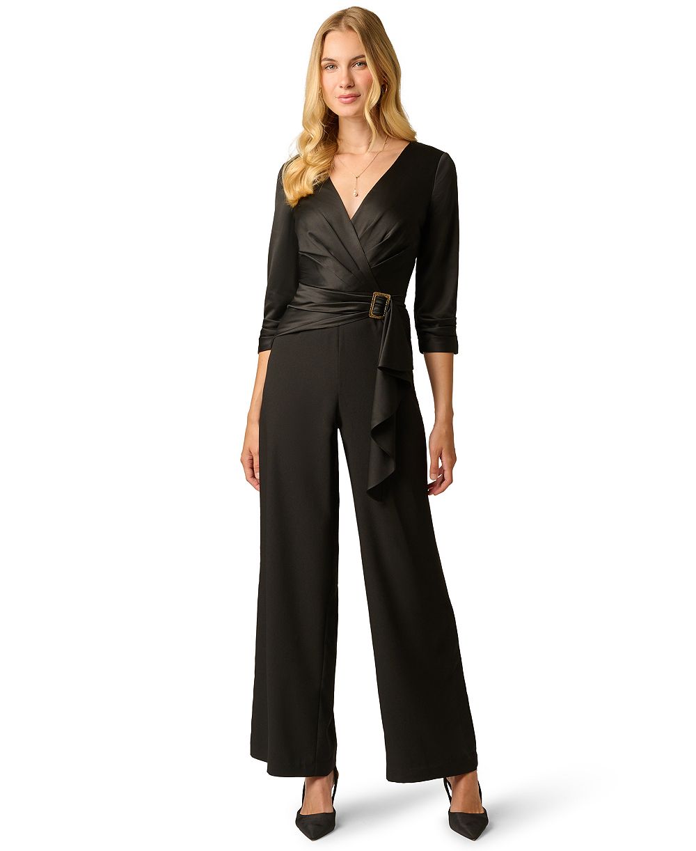 Adrianna Papell Женский jumpsuit с широкими штанинами, V-образным вырезом и рукавом 3/4 из сатинового крепдешина