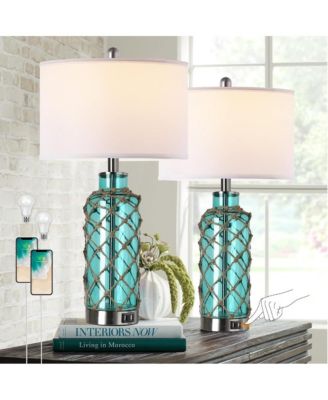 Sofucor 25" Cottage Nautical Accent Table Lamp Set of 2, Touch Control Coastal Blue Green Glass Rope Net Bedside Lamp with 2 USB Ports
