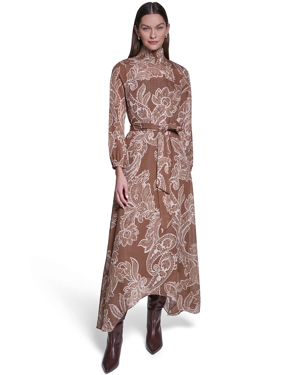 Halston Women's Paisley-Printed Long-Sleeve Chiffon Midi Dress