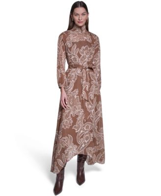 Женское миди-платье Halston из шифона с длинным рукавом и принтом пейсли