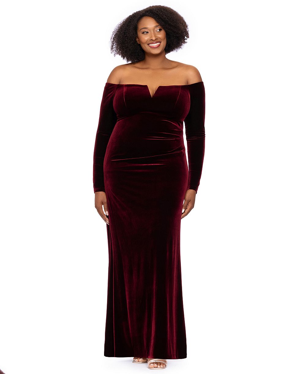 XSCAPE вечернее платье из бархата с длинным рукавом и открытыми плечами Plus Size