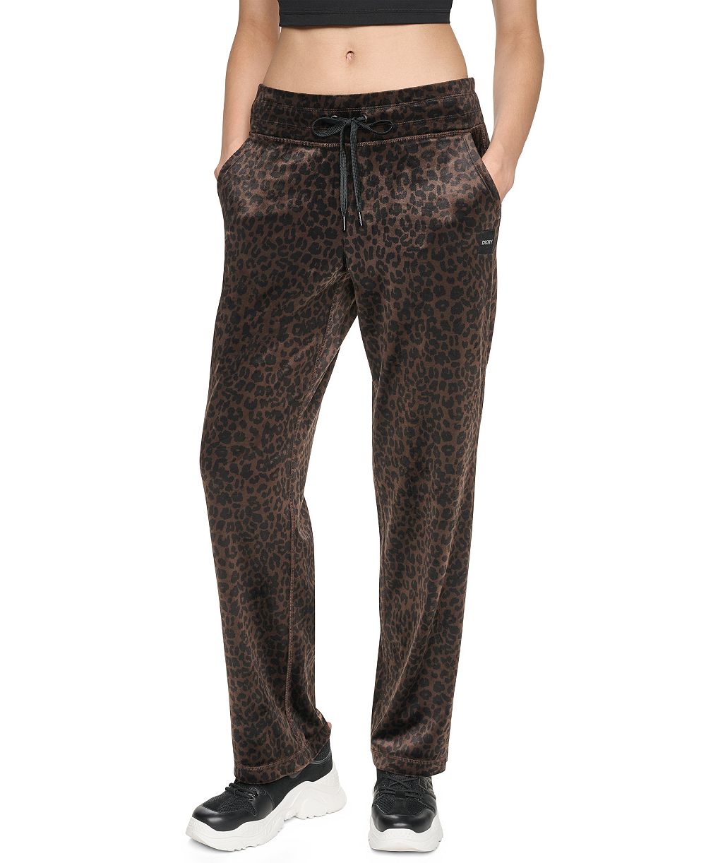 DKNY Sport Women's Leopard-Print Mid-Rise Soft Velour Track Pants